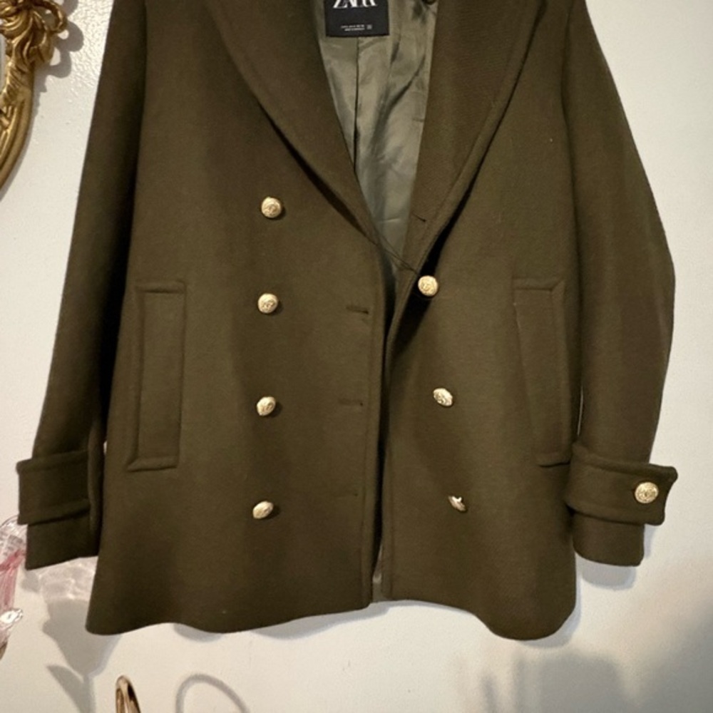 Zara Women's Dark Green Pea Coat with Gold Buttons